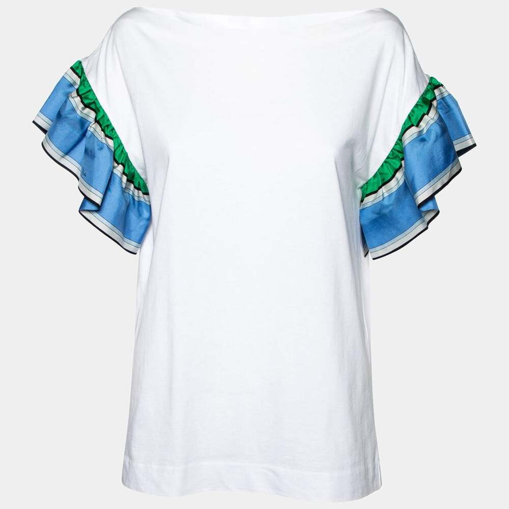 Emilio Pucci White Cotton Knit Contrast Flutter Sleeve T-Shirt M